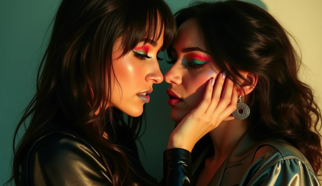 shadow photography, backlit, extremely sunny, lesbians love making, a jade woman is wearing a tight satin blouse with long sleeve latex materials, much too much disco makeup with intense smoky eyes, green lipstick, enormous much silvery eyeliner, long blue lashes, orange blushed cheeks, touching naughtily her jezebel girlfriend who is aroused close to her wearing a office satin suit with leather leggings, glossy eros materials