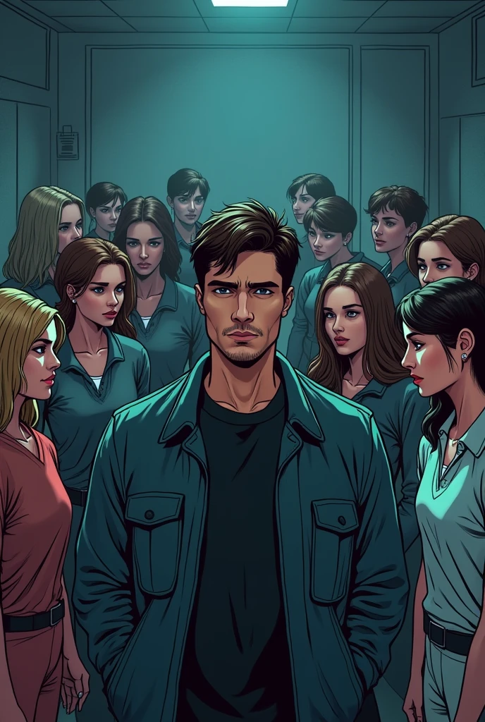 Génère un dessin bande dessinée très sobre dont Un homme brun, cheveux courts et ébouriffé, visage doux, sans barbe et appaisé participe à un lazer game avec dix collègues de travail femme non sexualisees l'homme n'est pas central dans l'image 