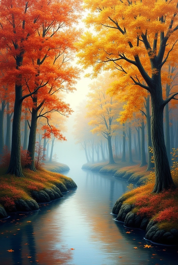 picturesque oil on canvas painting in rich juicy colors. Realistic, highly artistic landscape depicting some trees on the edge of atutumn coming, with part of its foliage becoming yellow, red and orange. a tiny river under the trees. soft morning light, morning mist.