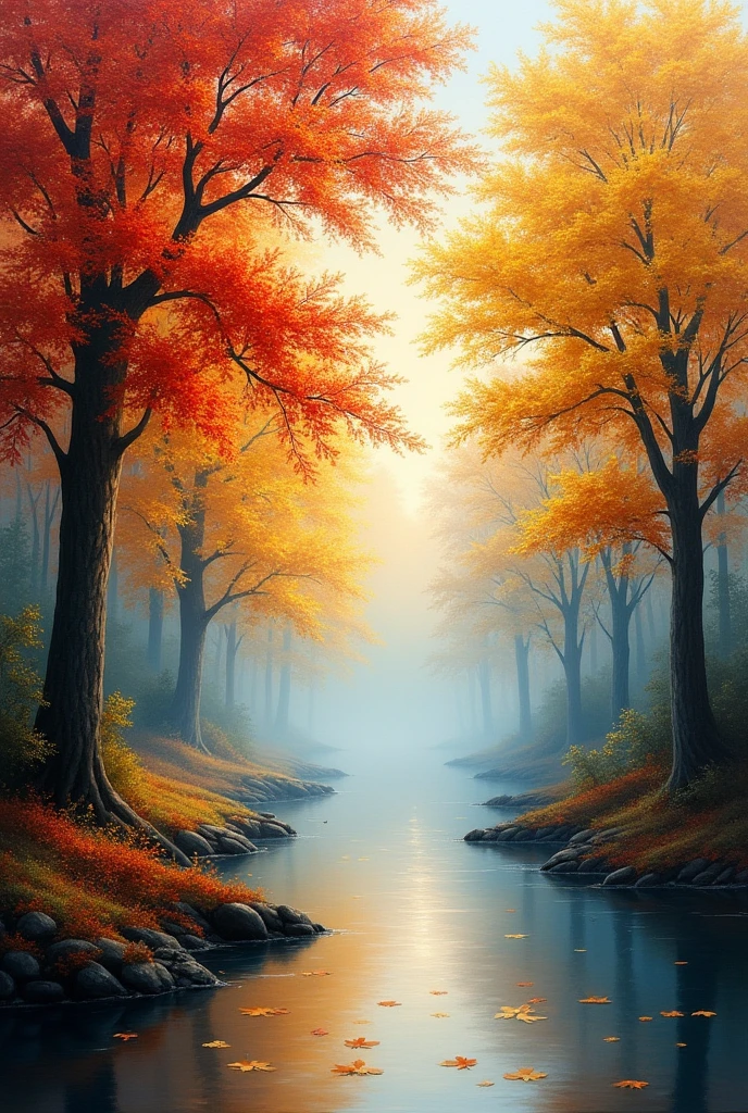 picturesque oil on canvas painting in rich juicy colors. Realistic, highly artistic landscape depicting some trees on the edge of atutumn coming, with part of its foliage becoming yellow, red and orange. a tiny river under the trees. soft morning light, morning mist.