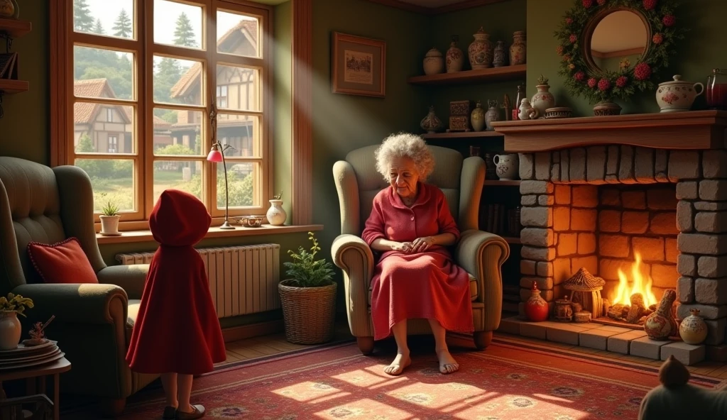 Warmly glowing small village scene、The inside of the house of the grandmother who lovingly watches over Little Red Riding Hood is shown.。