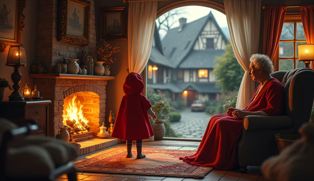 Warmly glowing small village scene、The inside of the house of the grandmother who lovingly watches over Little Red Riding Hood is shown.。