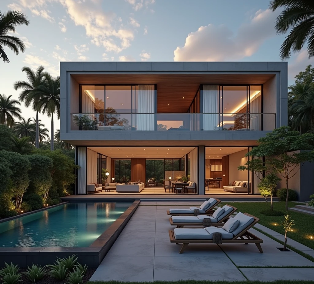 RAW photo, Masterpiece, high quality, best quality, realistic, super detailed, exterior, modern style villa (Minimalist lines, tropical style, tropical,/tropical house, suitable with the tropics Material: Combination of glass, concrete and natural wood Open space: Living room and kitchen connected, using large glass doors to take advantage of natural light Sky: bright, blue clouds Outdoor area : Small swimming pool and green garden with native plants:1.2),(white wall:1.1). ), glass railings, glass windows, trees, grass, ((sunset)), sky, vivid colors, (high detail :1.2), 8k uhd, dslr, soft light, quality high, film grain, Fujifilm XT3Negative