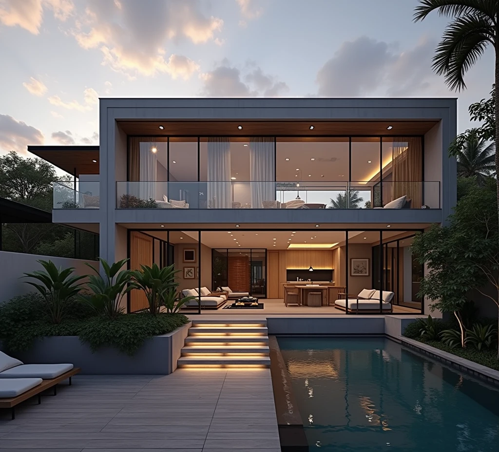RAW photo, Masterpiece, high quality, best quality, realistic, super detailed, exterior, modern style villa (Minimalist lines, tropical style, tropical,/tropical house, suitable with the tropics Material: Combination of glass, concrete and natural wood Open space: Living room and kitchen connected, using large glass doors to take advantage of natural light Sky: bright, blue clouds Outdoor area : Small swimming pool and green garden with native plants:1.2),(white wall:1.1). ), glass railings, glass windows, trees, grass, ((sunset)), sky, vivid colors, (high detail :1.2), 8k uhd, dslr, soft light, quality high, film grain, Fujifilm XT3Negative
