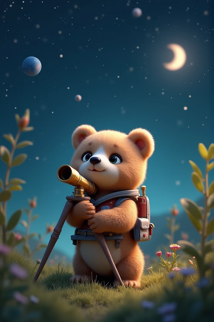 Baby bear looking at mood with space kit
