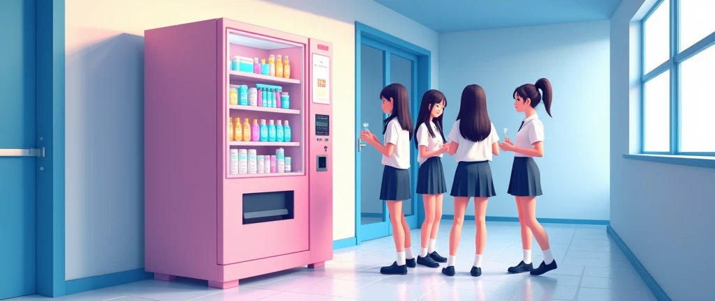 girl high schoolers using vending machine in school for menstrual products