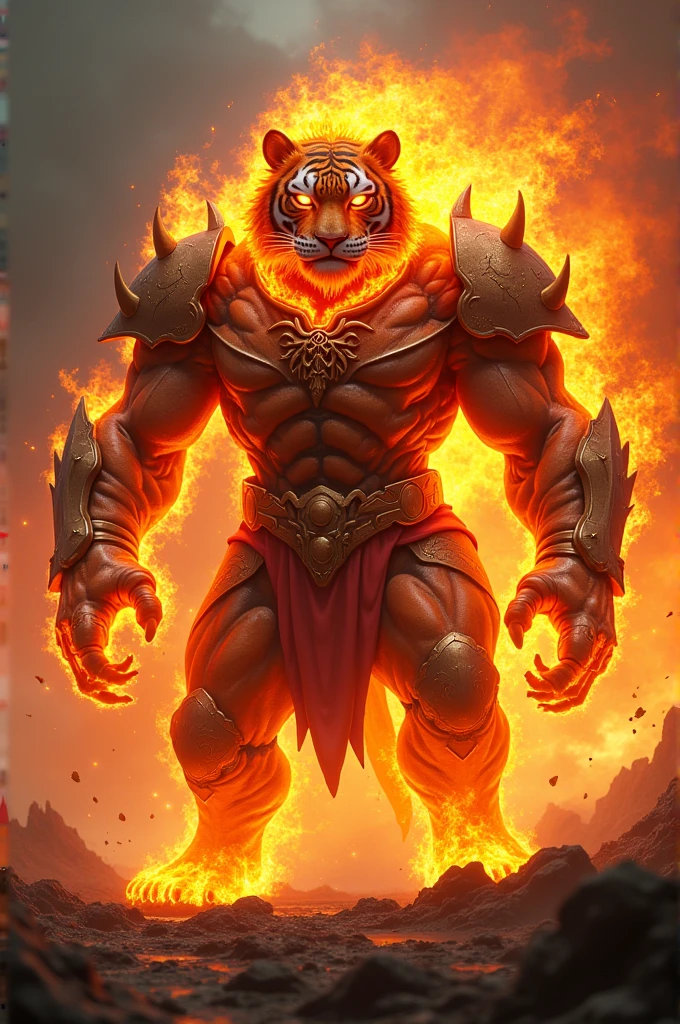 A fire elemental tiger wearing a brave suit is spreading its territory, the Heavenly Fire Domain is consuming the earth.a tiger man