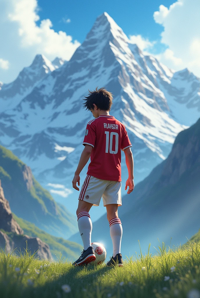 Tsubasa is in the turkey mounth and he is pick a ball from down and he is . He was dressed a 10 number football kit  he turned back an more big he is name Tsubasa
