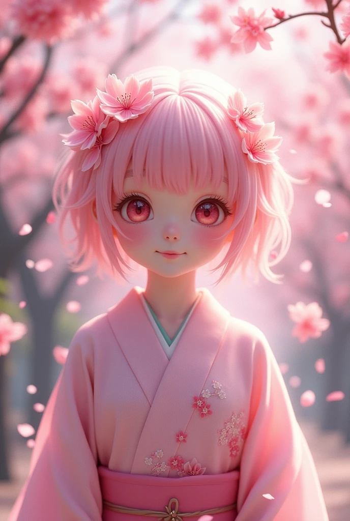Create a photorealistic image of a beautiful yokai named Hanagasumi (Huaxia). Depict her as a , delicate girl appearing amidst falling cherry blossom petals. She has soft pink hair and cherry blossom-colored eyes, with a gentle smile that makes flowers bloom around her. Her attire should be a light pink kimono embroidered with cherry blossom patterns. The background should include a scene filled with blooming cherry trees. The image should be in a 9:16 aspect ratio, with a resolution of 1080x1920.

