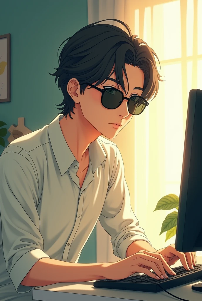 (Man in a shirt), ), (refreshing,30th Generation) Light colored sunglasses, Bright, Medium Hair, elegant, computer, Ghibli Style, Facing forward