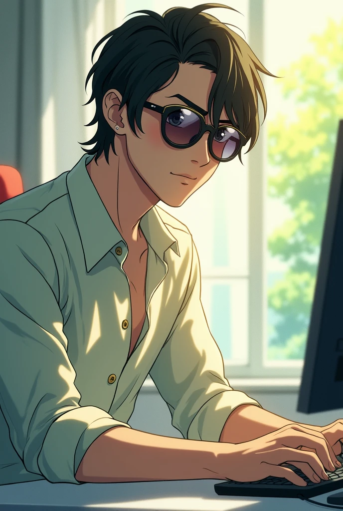 (Man in a shirt), ), (refreshing,30th Generation) Light colored sunglasses, Bright, Medium Hair, elegant, computer, Ghibli Style, Facing forward