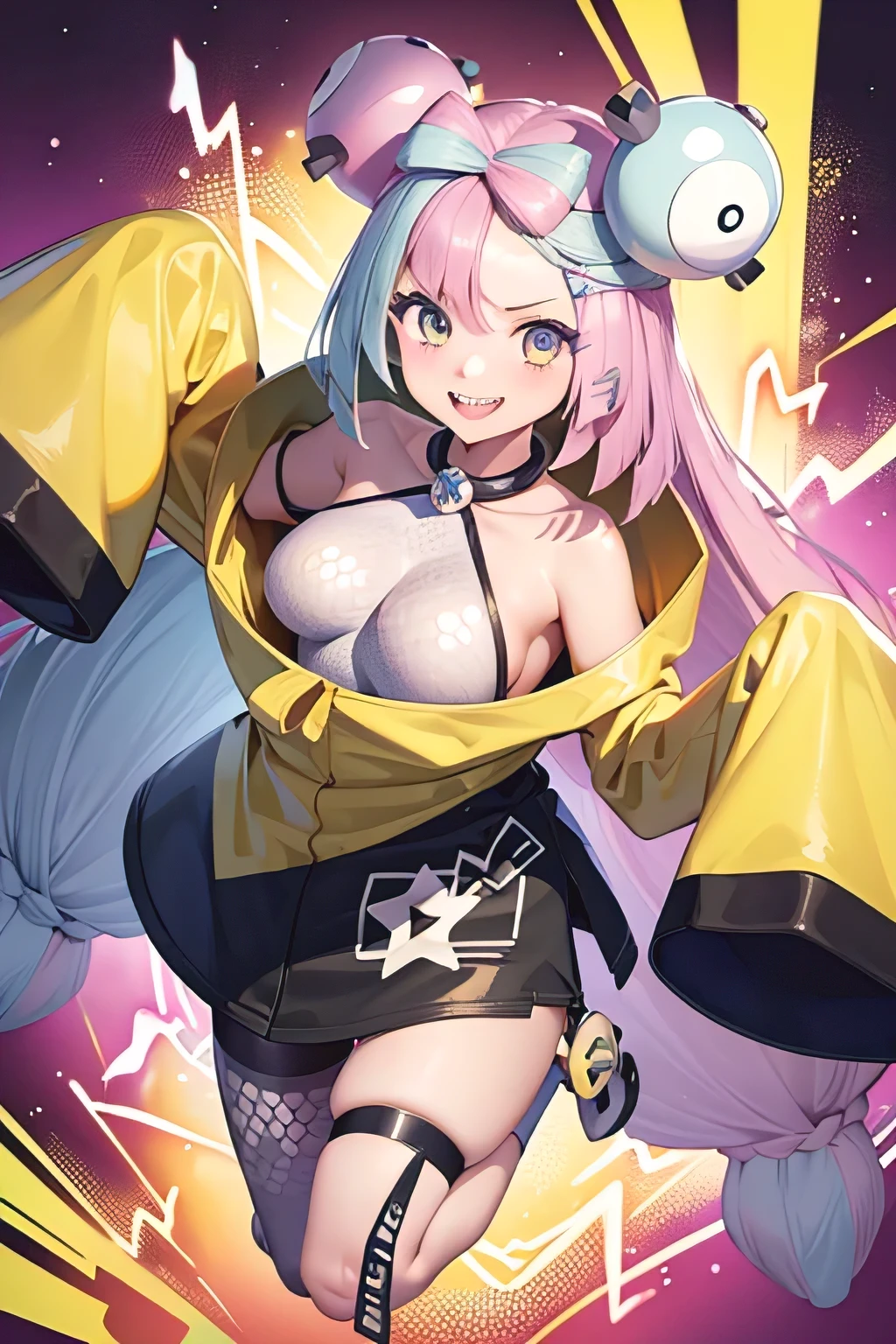 masterpiece, Highest quality, High resolution, ION 1, One person, Long Hair, Slightly larger breasts, Yellow Jacket, Off the shoulder, hair ornaments, sexy　Jumping　Hexagon print　smile