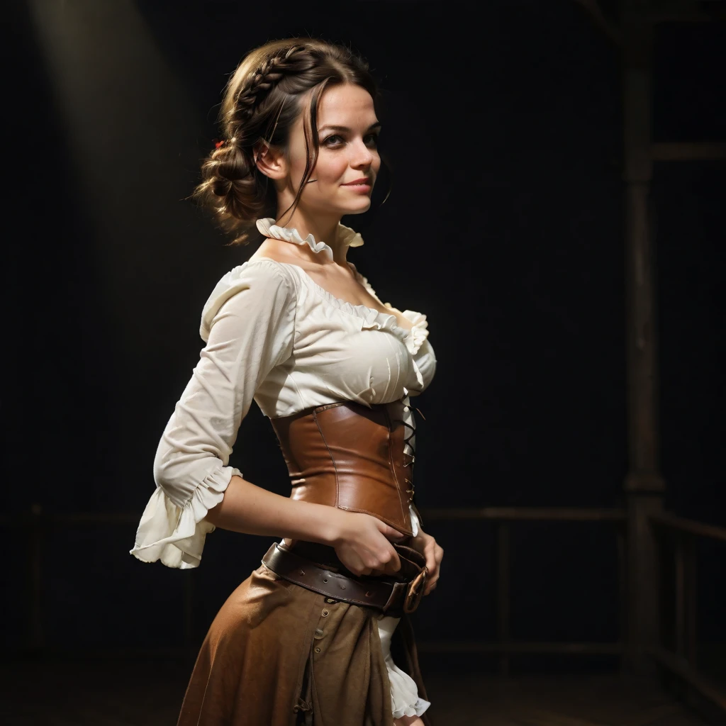 , viewed from the side, Cindy crawford smirking, wearing pirate costume,white blouse, brown leather corset, brown leather boots.thick leather belt, holding a cutlas on a pirateship, surrounded by female pirates at golden hour, ambient lighting