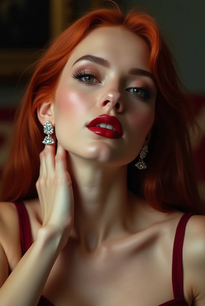 close-up, extreme close-up, close-up portrait, portrait, close-up on her lips, ultra realistic, photography, long straight red hair, (30 years old, hourglass figure, perfect body, natural medium breasts), firtatious look, crimson red lipstick, femme fatale, she is a sex icon, she is a sex goddess, long eyelashes, cat-eye make-up, she is wearing a push-up bra, she is wearing a wonderbra, focus on her lips, highlight her lips, she has her hands on her neck and her head slightly leans backwards, her eyes focus the camera and her lips are slightly parted, wearing diamond earrings, 