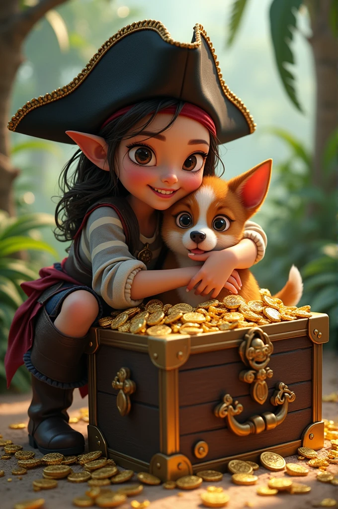 girl dressed as a pirate, dog in a treasure chest and girl hugging dog