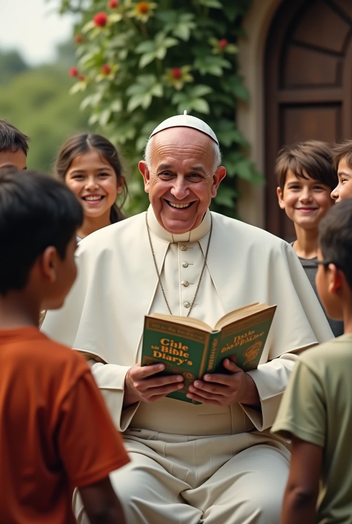 (photorealism:4.4), smiling Pope Francis, sitting Infront of a Church, surrounded by smiling children, having a book in his hand, title of the book is 'children Bible Diary's, soft lighting, plants in background, realistic, intricate details.