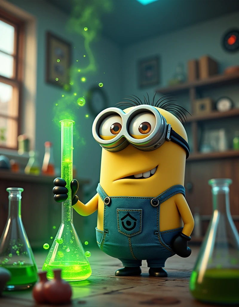 In the laboratory, Minion Bob, the scientist, holds a small green chemical test tube in his hand and puts it in his mouth to drink. 