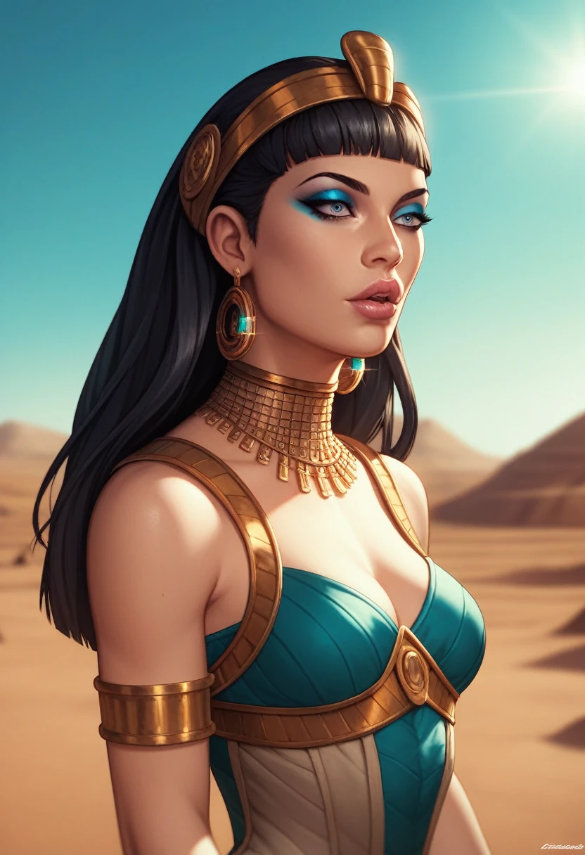 A photograph of Cleopatra with natural skin, short and voluminous black hair, sharp eyes with blue eyeshadow, a thin and upturned nose, shapely lips, an hourglass body shape, typical clothes, and makeup, intricately maximalist-detailed, vibrant, epic, smooth, cinematic, 4K, backlit, fantasy desert background, and a shallow depth of field.