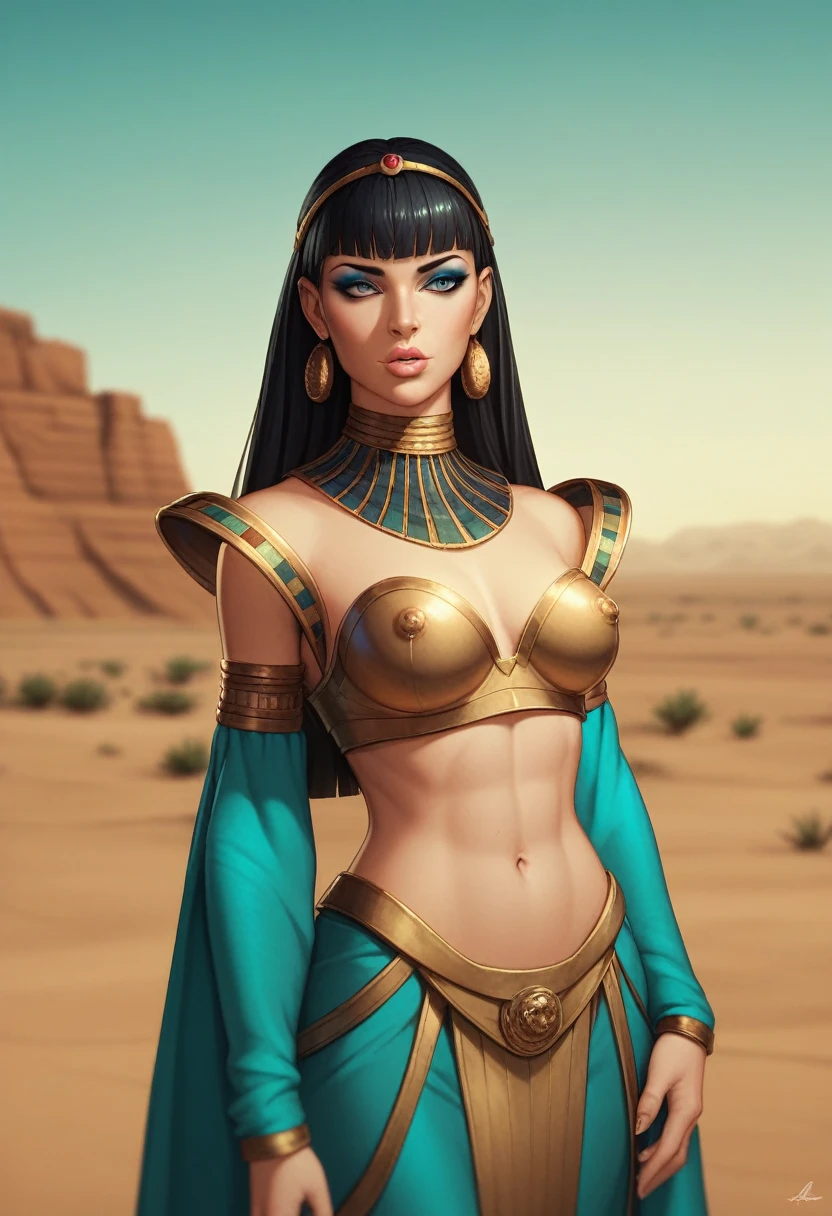 A photograph of Cleopatra with natural skin, short and voluminous black hair, sharp eyes with blue eyeshadow, a thin and upturned nose, shapely lips, an hourglass body shape, typical clothes, and makeup, intricately maximalist-detailed, vibrant, epic, smooth, cinematic, 4K, backlit, fantasy desert background, and a shallow depth of field.