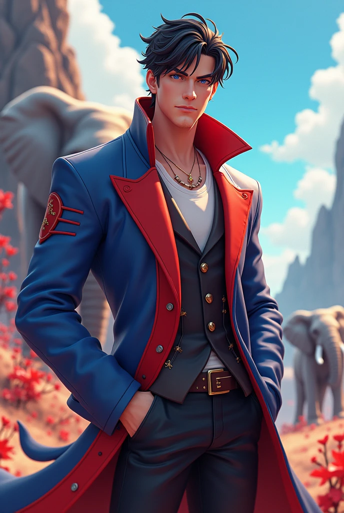 a man3d anime wear coat red and blue pop up name "fendra"hansome and cool with elephant background fall