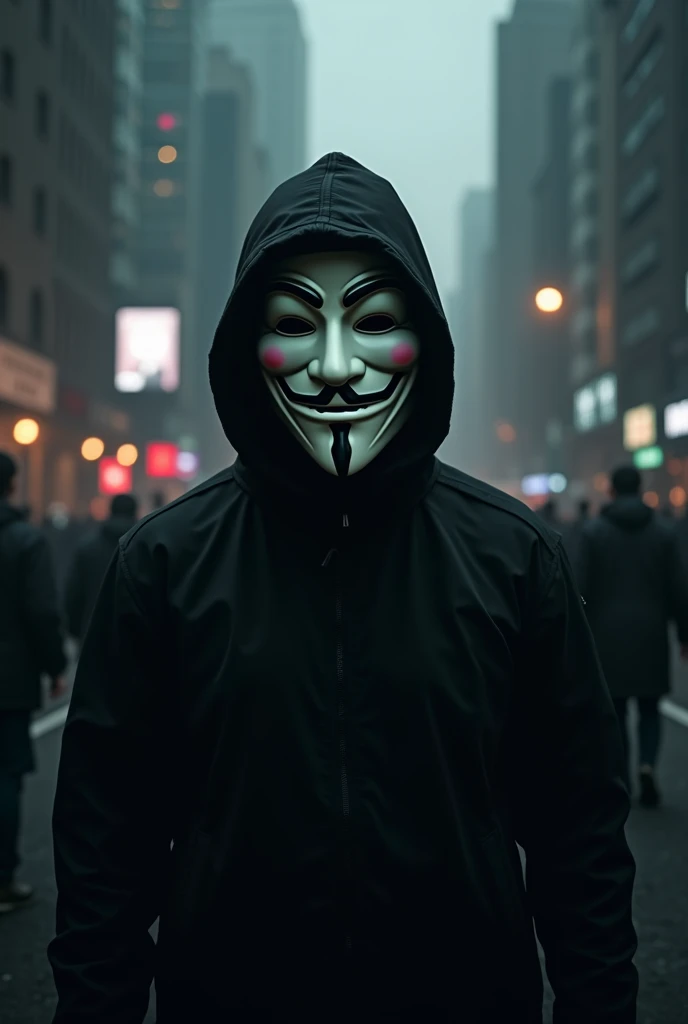 Generates an image of a person wearing a Guy Fawkes mask (Anonymous) in an urban environment, with a dark background and elements of digital technology and protest."