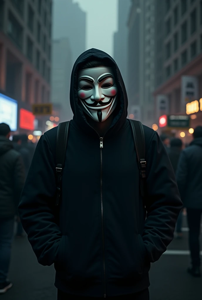 Generates an image of a person wearing a Guy Fawkes mask (Anonymous) in an urban environment, with a dark background and elements of digital technology and protest."