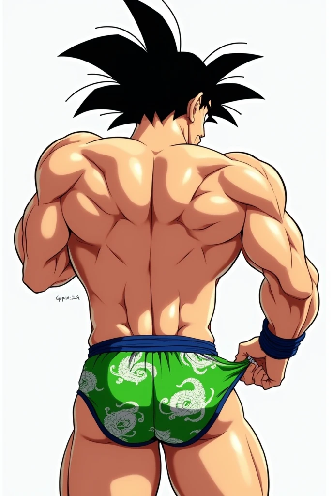 Goku from dragon ball z (back view) showing her ass and wearing green underwear with dragon prints (With his hand he pulls his underwear up)