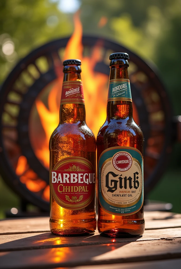 BOTTLES OF BEER AND GIN with a BBQ logo in front