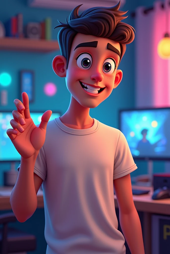 4D cartoon of a 20 year old man from Bahia who is not thin and black, neat hair is not stylish, clean face, Wear casual clothes, t - shirt, standing in the gamer room, right hand waving, left hand attached to the waist. For large and close-up images. high resolution.
