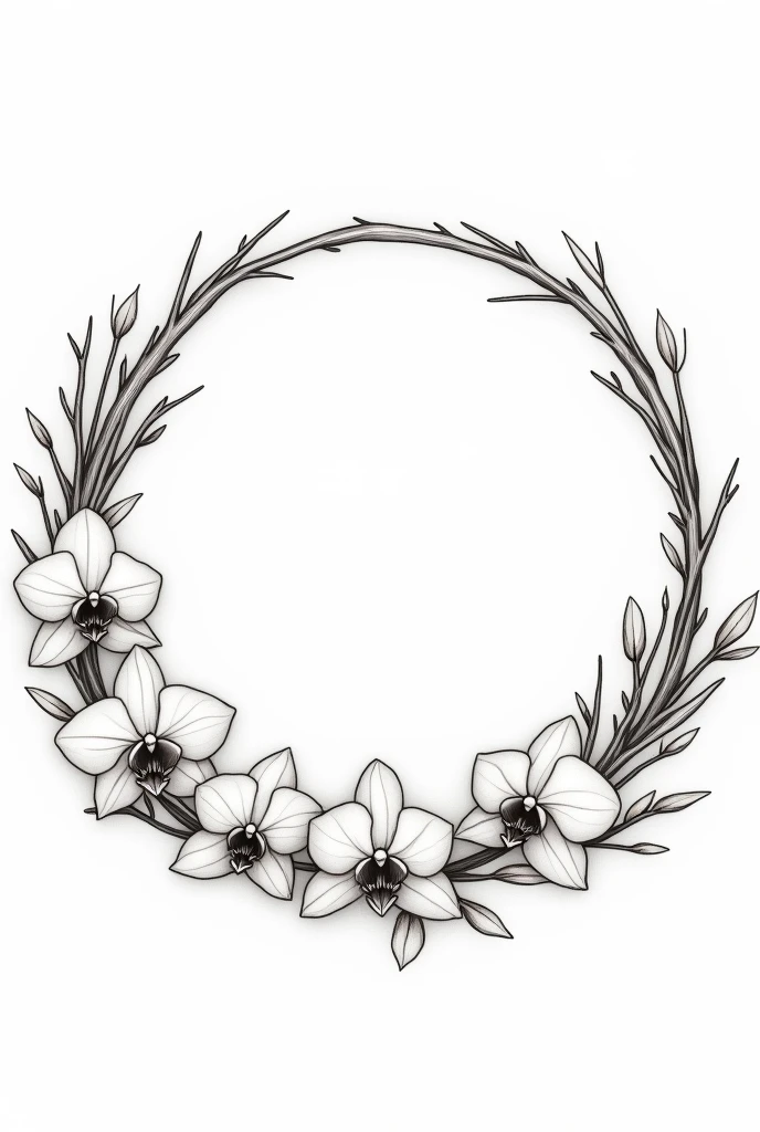 Line Art,{Simple style:1.5} ,Ring composition,{The focus of the composition is on the outside of the ring:1.4},{There is a large blank space in the middle of the ring:1.4},The Four Seasons of Heaven,spring, summer, autumn,winter。wreath&four seasons,Withering,Decay&newborn,This circle reflects the cycle of seasons,As they change and wither,A circle made of orchids and branches。