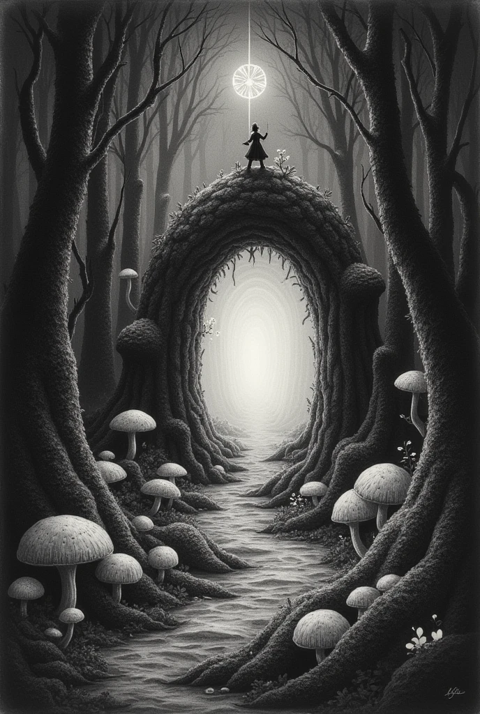 An enchanted forest at night with bioluminescent creatures, magical flora, and a mystical portal casting a soft glow, a scene filled with enchantment and mystery, Artwork, charcoal drawing on textured paper, capturing the ethereal atmosphere with delicate shading,
