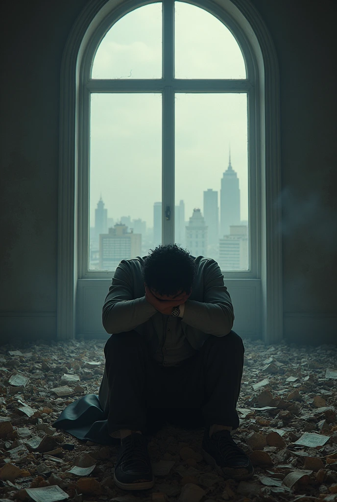Amjad in Despair
Amjad, now in financial ruin, sits alone in his large but empty mansion. The grand furniture and decorations are gone, replaced by bare walls and empty rooms. He looks disheveled, sitting with his head in his hands, overwhelmed by his downfall. Outside the window, the once-bustling city now feels cold and distant.
