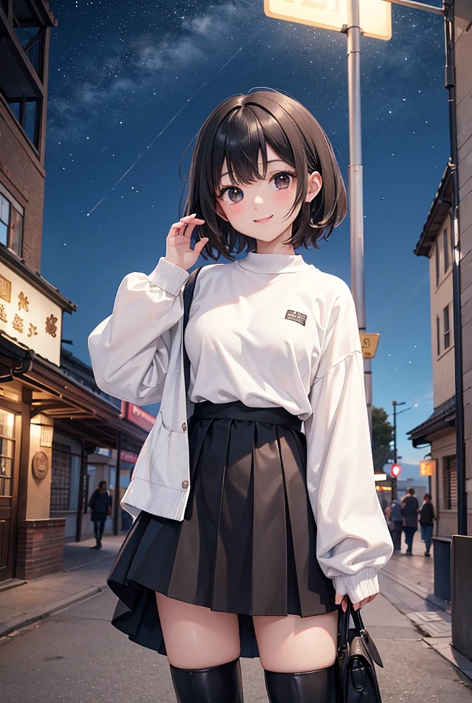 score_9, score_8_up, score_7_up, score_6_up, score_5_up, score_4_up, source anime,masterpiece, high quality,BREAK 1girl,17yo,1,very short hair,black hair,(forehead:0.9),(black eyes),(dark skin:1.1),large breast, Droopy eyes,smiling, Cowboy Shot, White sweater、Brown long skirt、Stall、watch、boots、night、Town, 