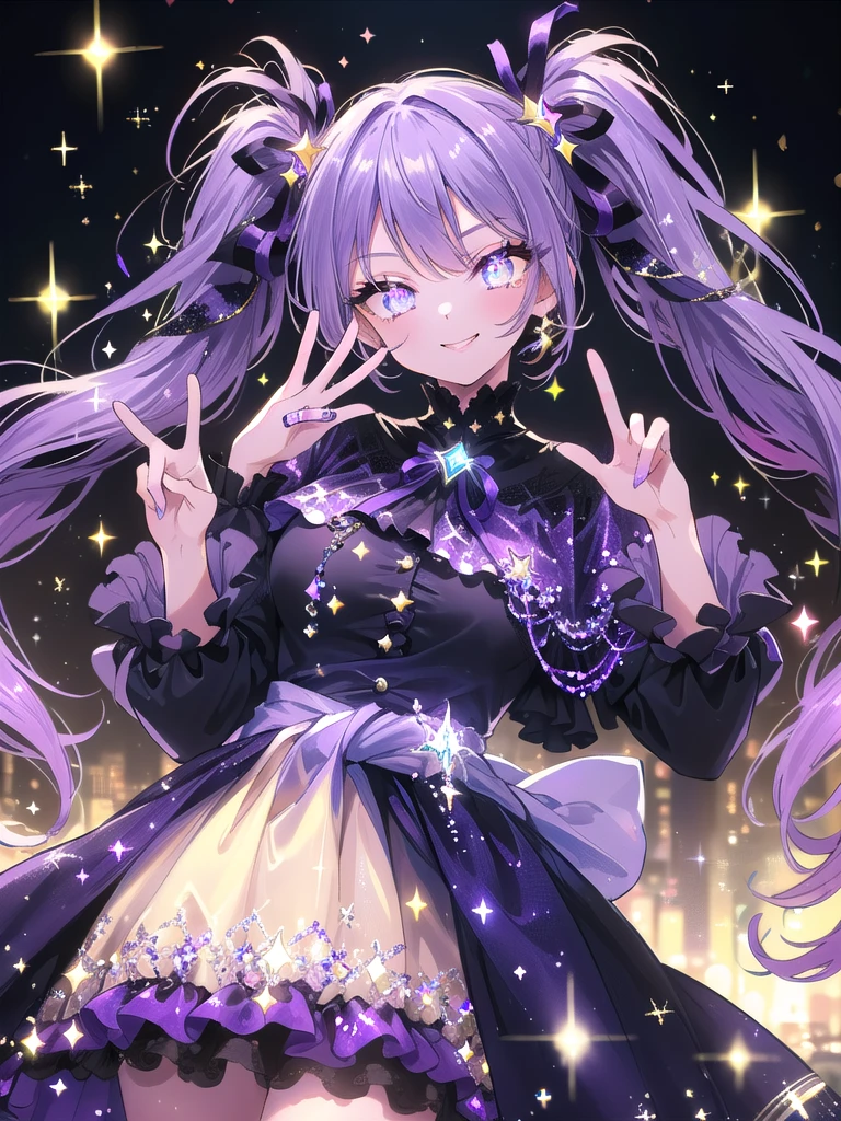 ((8k, highest quality, masterpiece: 1.3)), ultra high resolution, (1 girl, 1 person), (color changing eyes, super detailed, expressive sparkle, glitter, glowing eyes, purple), highly detailed eyes, highly detailed face, twin tails, ((purple)), smiling, ((winking)),((peace sign)), ribbon, (ruffled clothing, dark blue: 1.1), front angle, above the waist