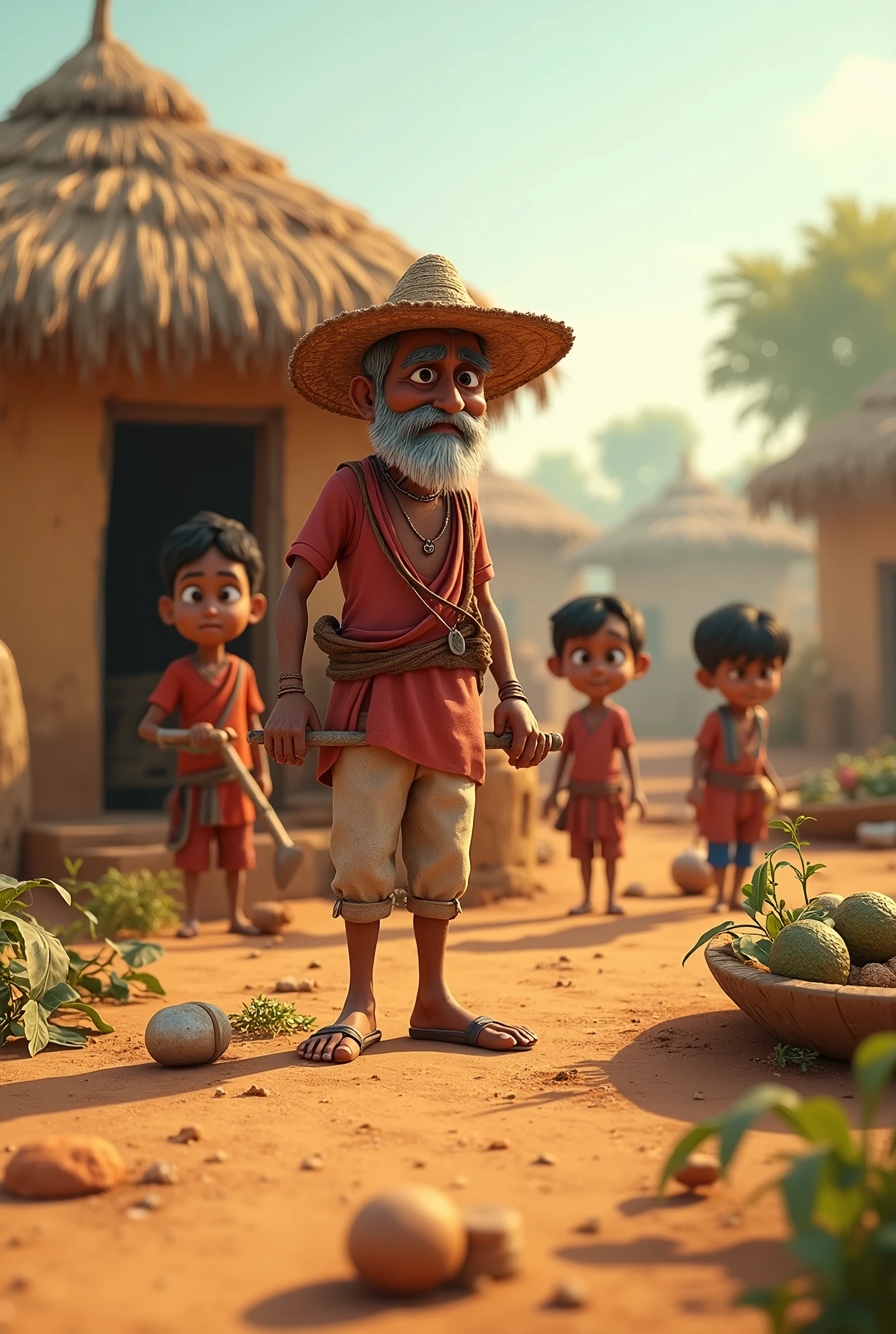 In 3d animation style "Village Scene with Ram Lal's Small Farm**: A small, modest farm in a rural Indian village with dry land, a simple thatched-roof hut, and Ram Lal, a middle-aged farmer, working under the scorching sun. His wife and three children are seen helping him"