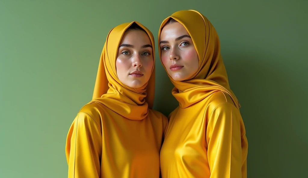a couple of women standing next to each other, a colorized photo, by irakli nadar, shutterstock, hyperrealism, gold silk, modest, olga buzova, vogue editorial, oriental face, aykut aydogdu, cute photo, monia merlo, yellow and green, gen z, satin, editorial image