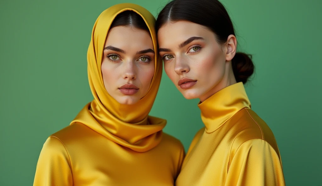 a couple of women standing next to each other, a colorized photo, by irakli nadar, shutterstock, hyperrealism, gold silk, modest, olga buzova, vogue editorial, oriental face, aykut aydogdu, cute photo, monia merlo, yellow and green, gen z, satin, editorial image