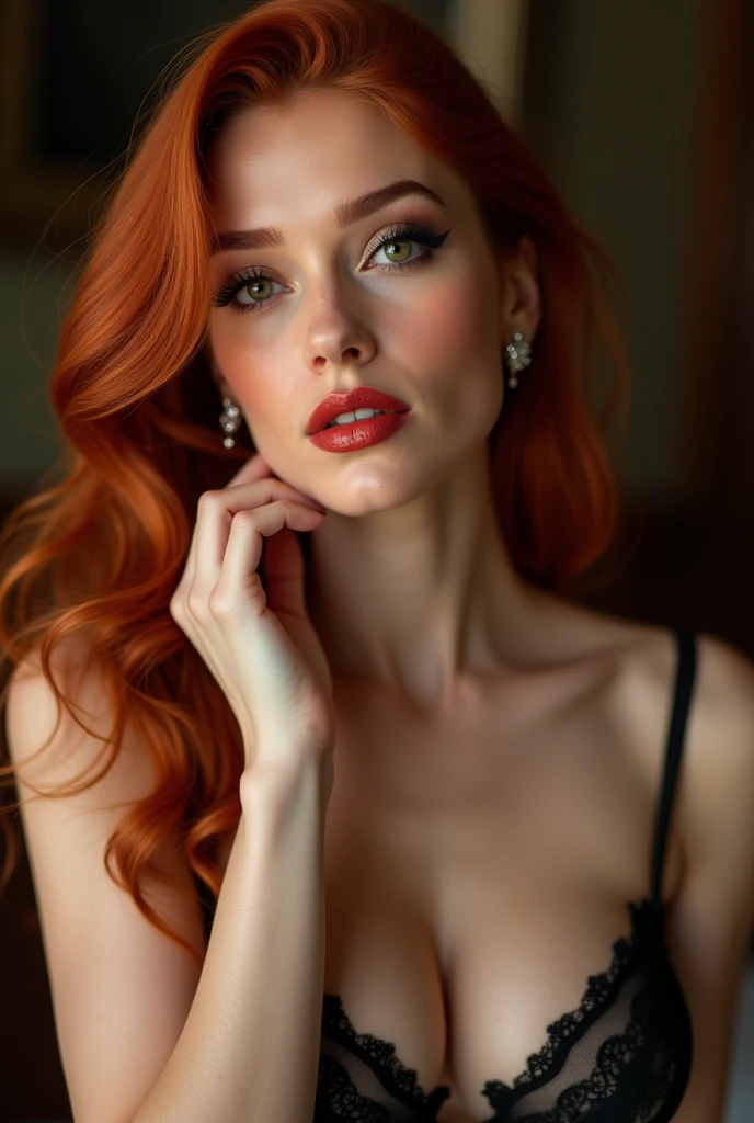 close-up, extreme close-up, close-up portrait, portrait, close-up on her lips, ultra realistic, photography, long straight red hair, (30 years old, green eyes, hourglass figure, perfect body, natural medium breasts), firtatious look, glossy shiny lipstick, femme fatale, she is a sex icon, she is a sex goddess, long eyelashes, cat-eye make-up, she is wearing a push-up bra, she is wearing a wonderbra, focus on her lips, highlight her lips, she has her hands on her neck and her head slightly leans backwards, her eyes focus the camera and her lips are slightly parted, wearing diamond earrings,