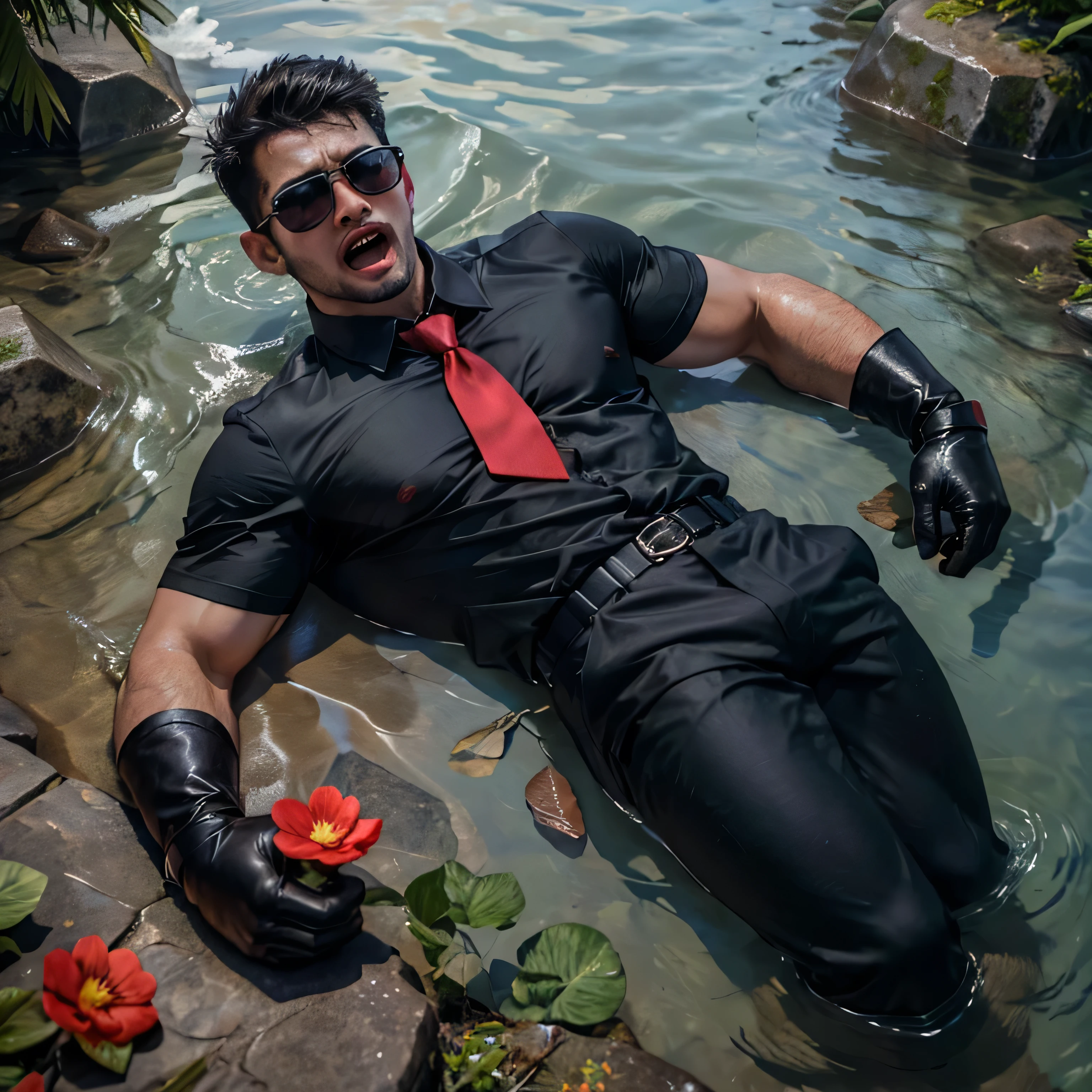 30 years old,One Man,、Handsome。Black Shirt、Red tie、Black gloves、Dhaka - Fighters、In the sea、Lying on your back in shallow water ,,logic, ,Very short hair、 ,Asian Face,、 Handsome Black sunglasses Open your mouth wide and scream