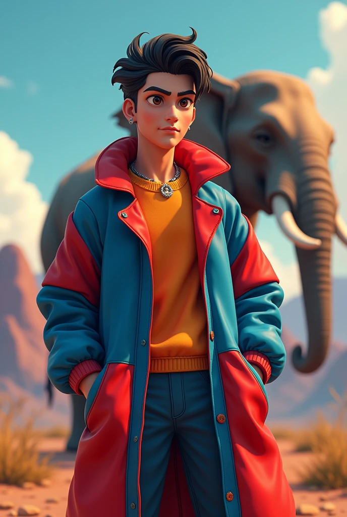 a man3d anime wear coat red and blue pop up name "fendra" hansome and cool with elephant background fall