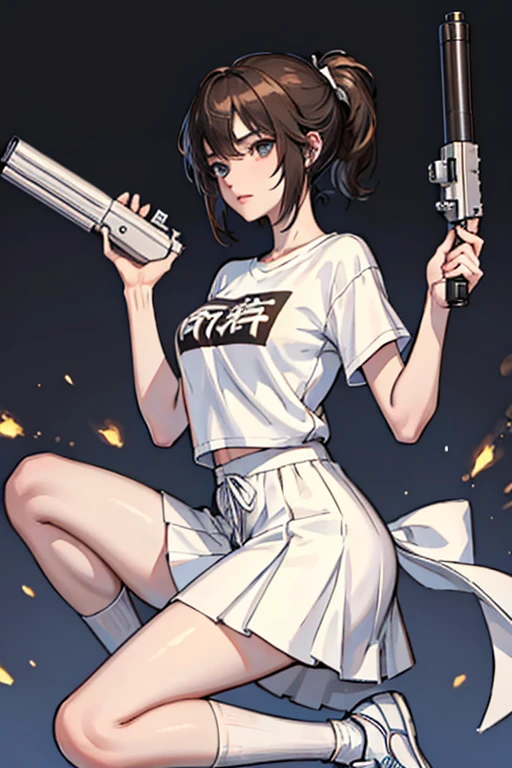 Highest quality、Ultra HD、One Woman、(Very short black hair 1.3)、(White T-shirt 1.3)、(White sneakers 1.1)、(Brown long skirt 1.1)、((Shooting a gun 1.2))、(White knee-high socks 1.2)、(Boyish and well-proportioned face 1.2)、2 female、Toned body、(Evening city background 1.2)、((Clear and beautiful touch))