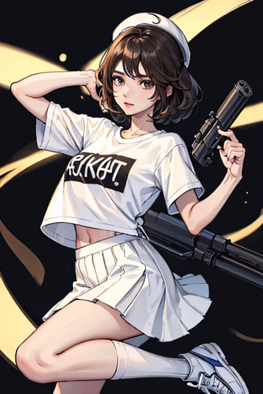 Highest quality、Ultra HD、One Woman、(Very short black hair 1.3)、(White T-shirt 1.3)、(White sneakers 1.1)、(Brown long skirt 1.1)、((Shooting a gun 1.2))、(White knee-high socks 1.2)、(Boyish and well-proportioned face 1.2)、2 female、Toned body、(Evening city background 1.2)、((Clear and beautiful touch))