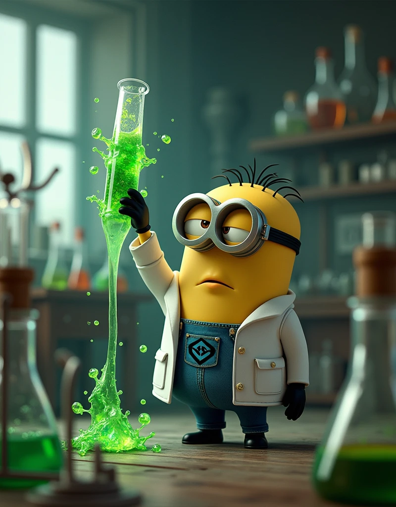 In the laboratory, Minion Bob, the scientist, holds a green chemical tube in his hand and puts it in his mouth to drink.