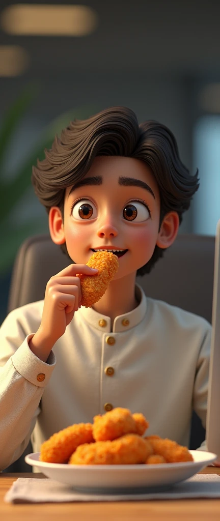 my friend who has a but is an adult project manager, in shalwar kameez, eating hot chicken tenders in lunch