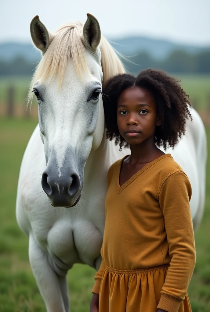 A black girl with a white horse, taking a realistic photo