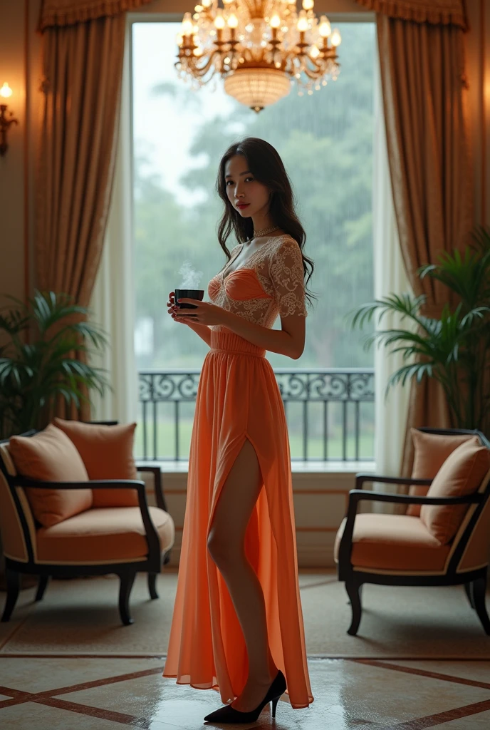 A young Thai woman in a light orange and white lace dress and black high heels stands holding a cup of hot black coffee in a luxurious house with hanging chandeliers outside the window with rain.
