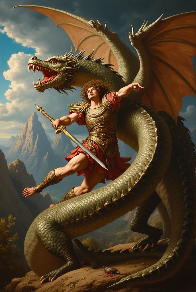 renaissance style painting. Archangel Michael and great dragon fighting with sword