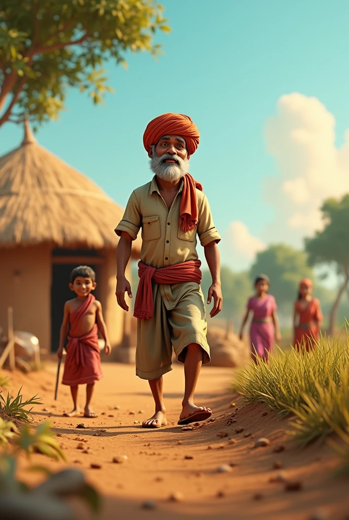 In 3d animation style "Village Scene with Ram Lal's Small Farm**: A small, modest farm in a rural Indian village with dry land, a simple thatched-roof hut, and Ram Lal, a middle-aged farmer, working under the scorching sun. His wife and three children are seen helping him."