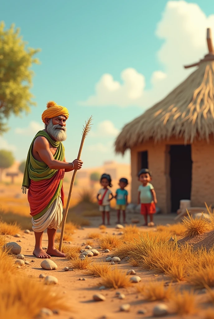 In 3d animation style "Village Scene with Ram Lal's Small Farm**: A small, modest farm in a rural Indian village with dry land, a simple thatched-roof hut, and Ram Lal, a middle-aged farmer, working under the scorching sun. His wife and three children are seen helping him."