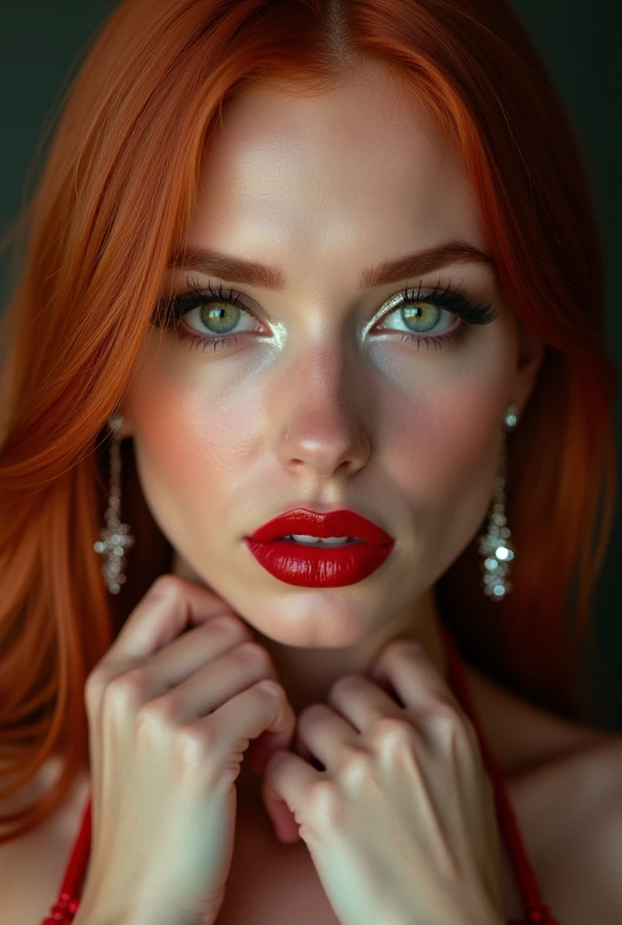 close-up, extreme close-up, close-up portrait, portrait, close-up on her lips, ultra realistic, photography, long straight red hair, (30 years old, green eyes, hourglass figure, perfect body, natural medium breasts), firtatious look, glossy shiny red lipstick, femme fatale, she is a sex icon, she is a sex goddess, long eyelashes, cat-eye make-up, focus on her lips, highlight her lips, she has her hands on her neck and her head slightly leans backwards, her eyes focus the camera and her lips are slightly parted, wearing diamond earrings,